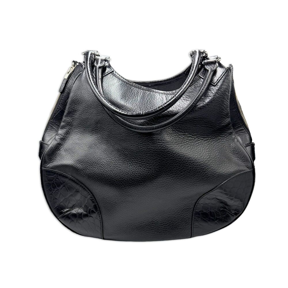 Brooks Brothers Black Leather Hobo Shoulder Bag Womens Classic Chic Side Zip